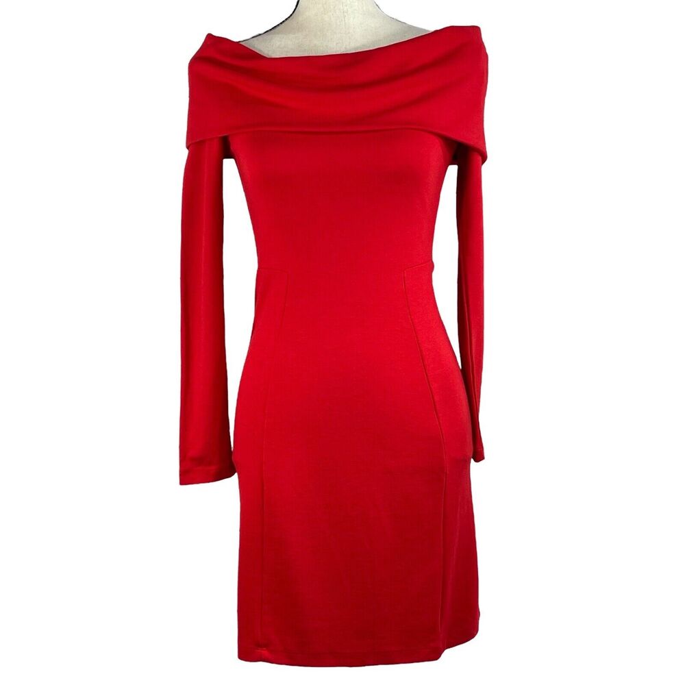 French Connection SZ 6 Bodycon Dress Off-Shoulder Cowl Neck Stretch Long Sleeve